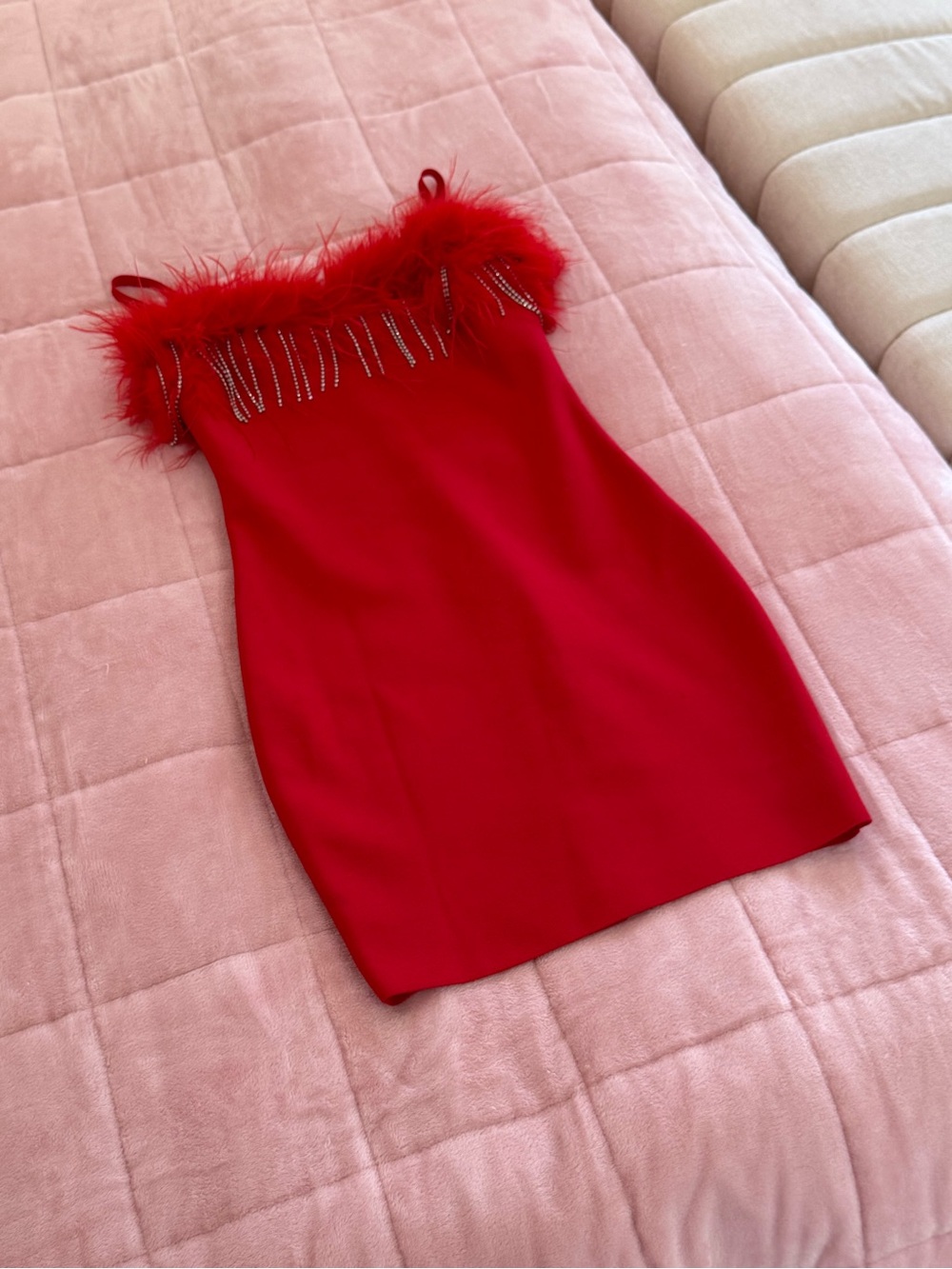 Bandage Red Feather-Trim Mini Dress with Bead Fringe